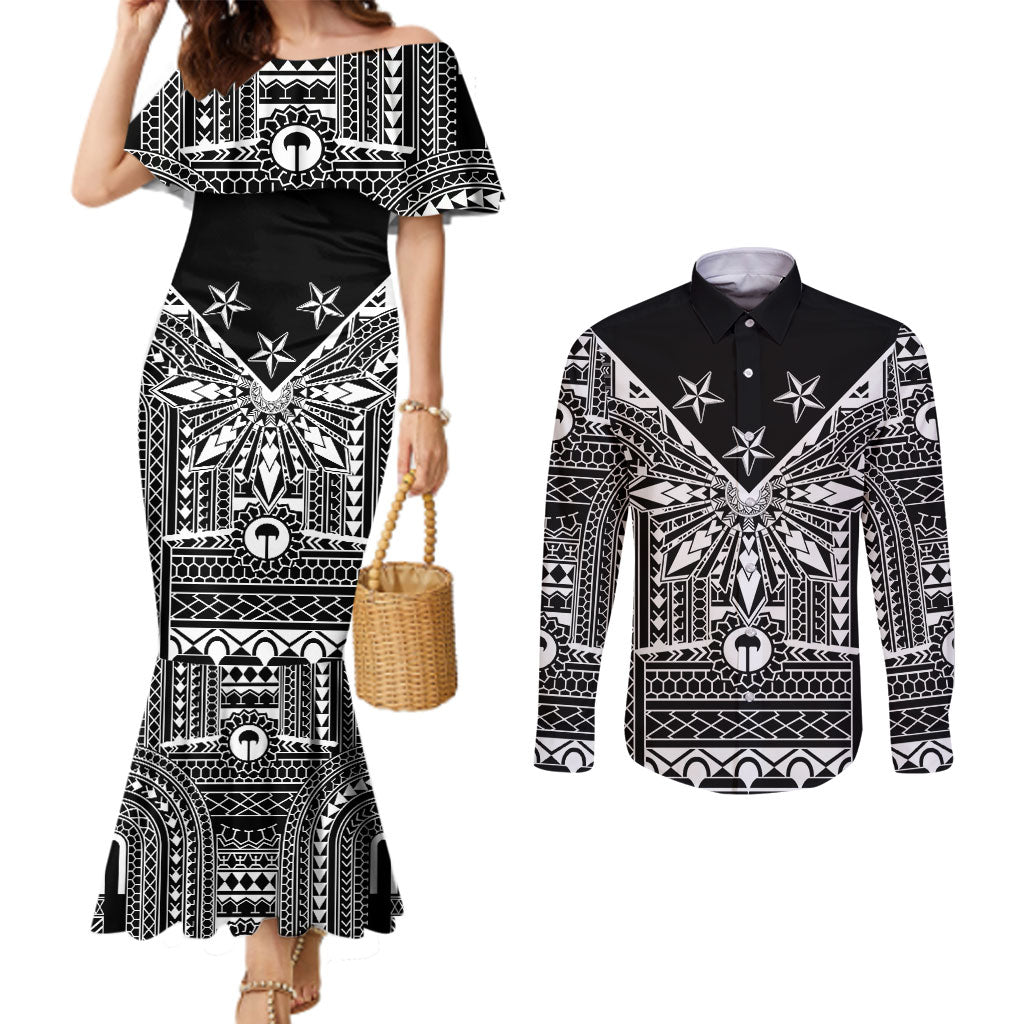 Black Philippines Sun Star Couples Matching Mermaid Dress and Long Sleeve Button Shirt Igorot Tribal Inspiration