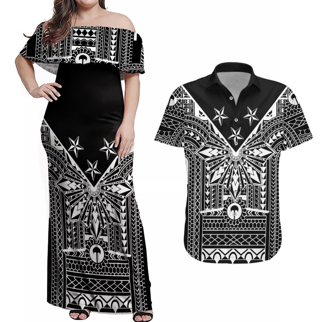 Black Philippines Sun Star Couples Matching Off Shoulder Maxi Dress and Hawaiian Shirt Igorot Tribal Inspiration