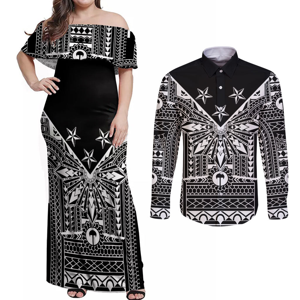 Black Philippines Sun Star Couples Matching Off Shoulder Maxi Dress and Long Sleeve Button Shirt Igorot Tribal Inspiration