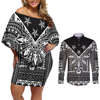Black Philippines Sun Star Couples Matching Off Shoulder Short Dress and Long Sleeve Button Shirt Igorot Tribal Inspiration