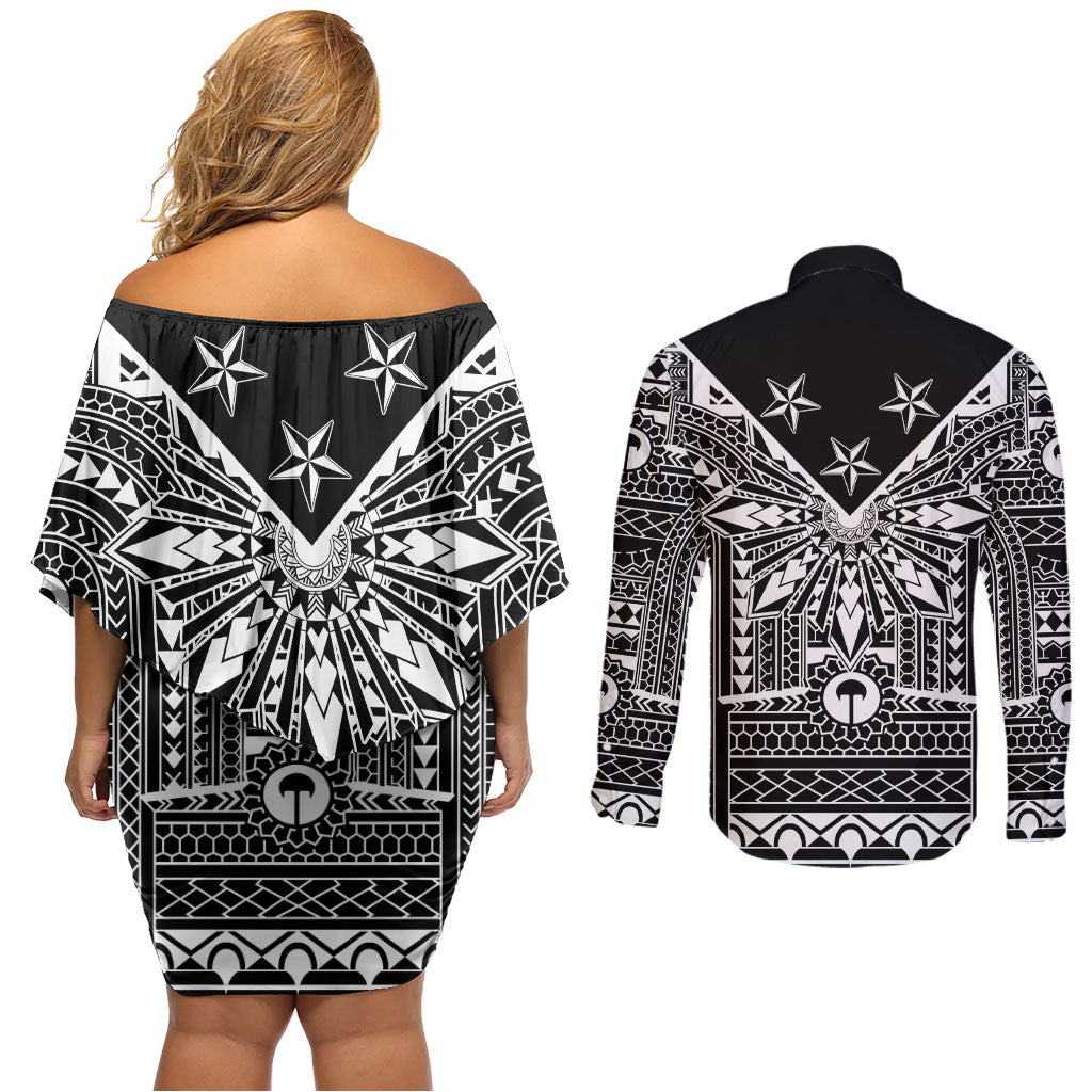 Black Philippines Sun Star Couples Matching Off Shoulder Short Dress and Long Sleeve Button Shirt Igorot Tribal Inspiration