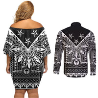 Black Philippines Sun Star Couples Matching Off Shoulder Short Dress and Long Sleeve Button Shirt Igorot Tribal Inspiration