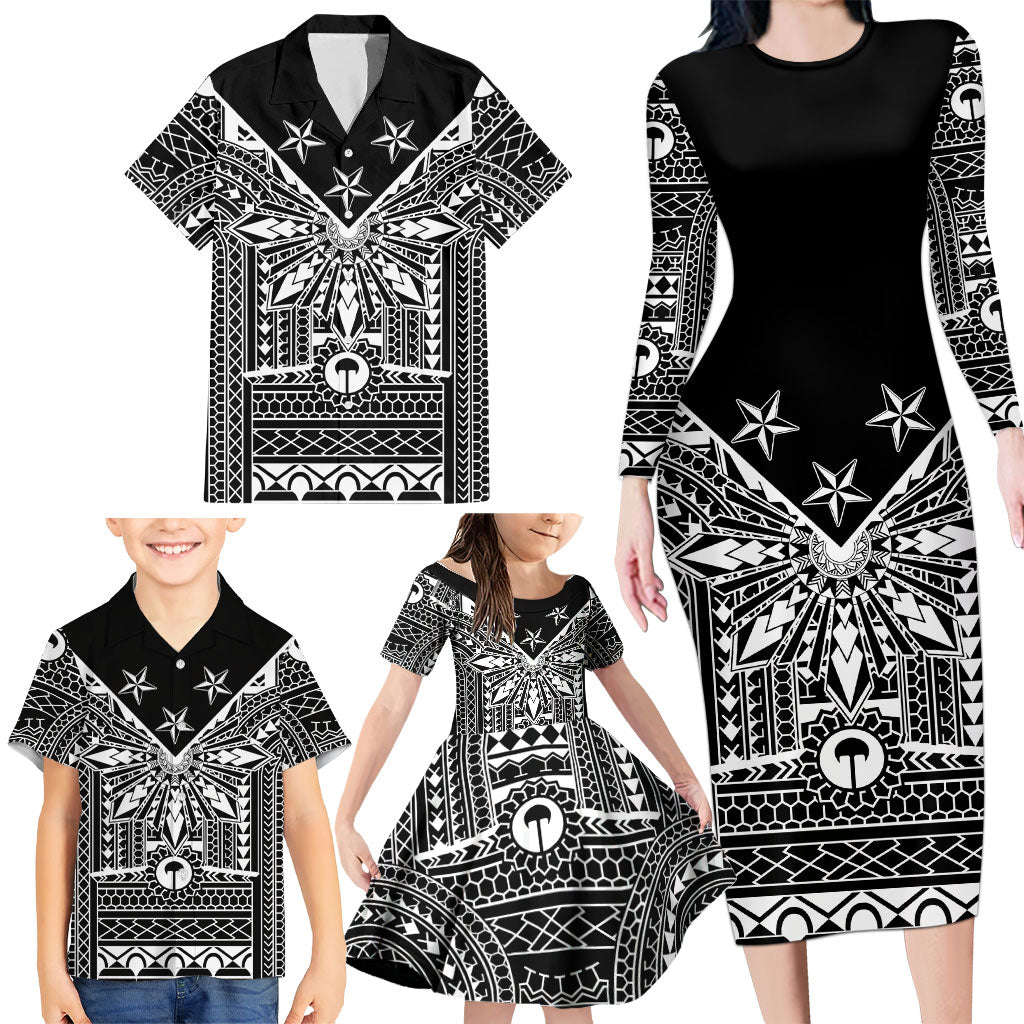 Black Philippines Sun Star Family Matching Long Sleeve Bodycon Dress and Hawaiian Shirt Igorot Tribal Inspiration LT05 - Polynesian Pride