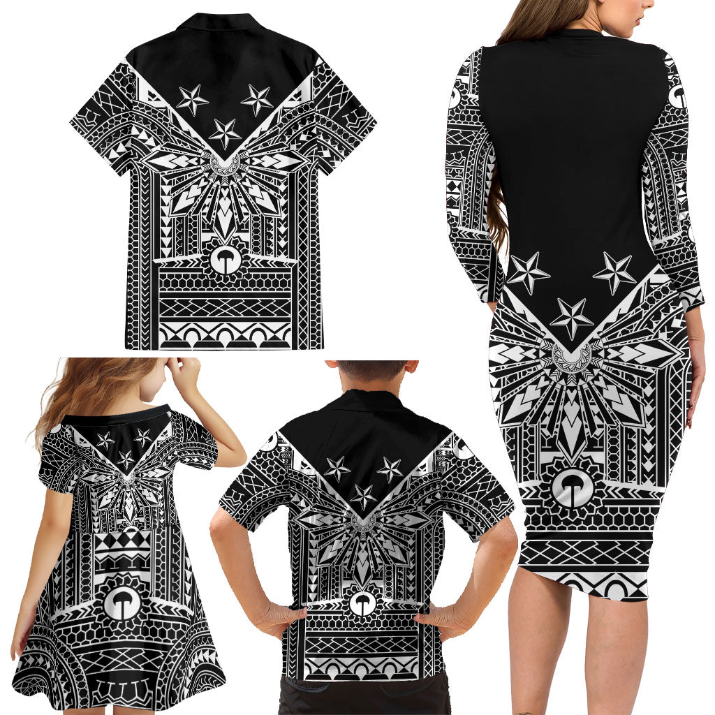 Black Philippines Sun Star Family Matching Long Sleeve Bodycon Dress and Hawaiian Shirt Igorot Tribal Inspiration LT05 - Polynesian Pride