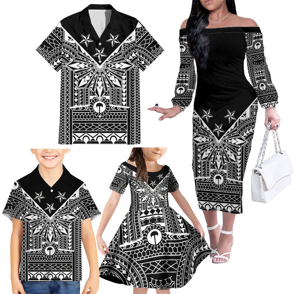 Black Philippines Sun Star Family Matching Off The Shoulder Long Sleeve Dress and Hawaiian Shirt Igorot Tribal Inspiration
