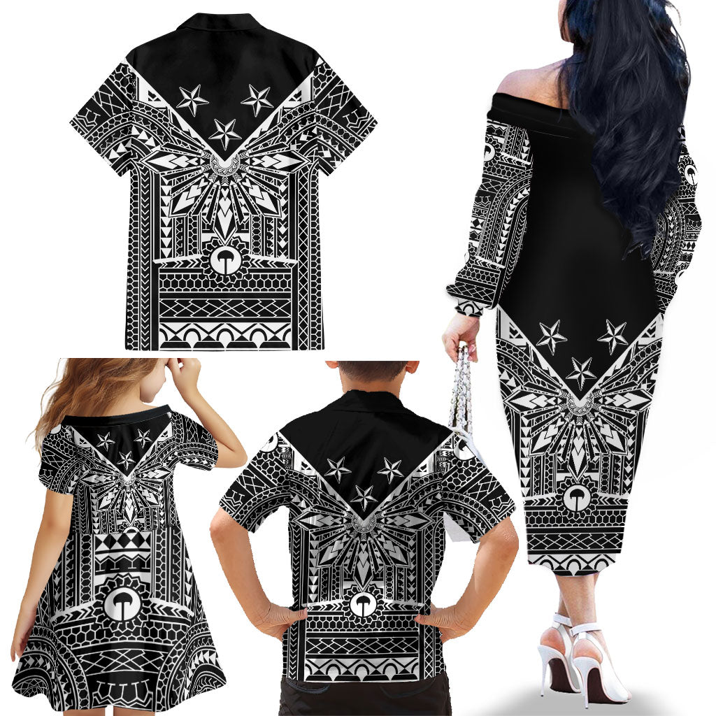 Black Philippines Sun Star Family Matching Off The Shoulder Long Sleeve Dress and Hawaiian Shirt Igorot Tribal Inspiration LT05 - Polynesian Pride