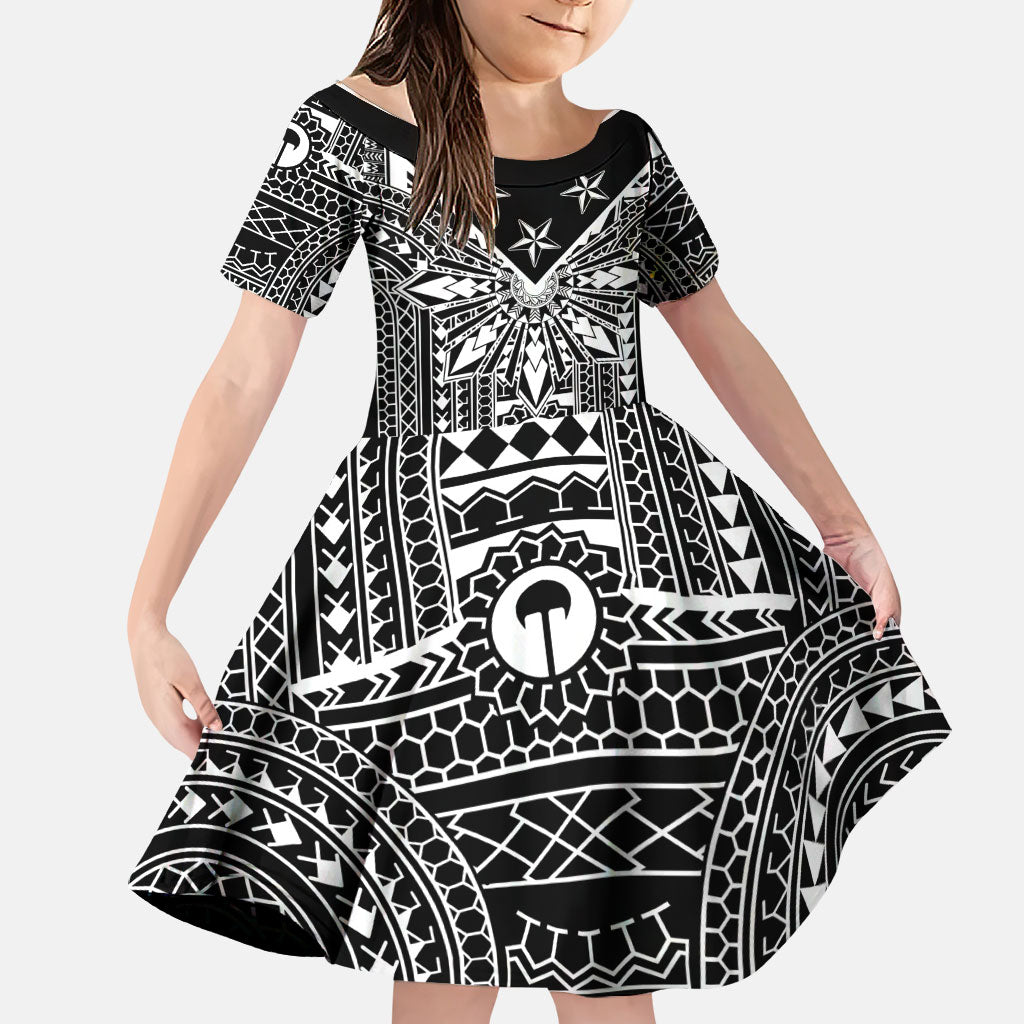 Black Philippines Sun Star Family Matching Puletasi and Hawaiian Shirt Igorot Tribal Inspiration LT05 Daughter's Dress Black - Polynesian Pride