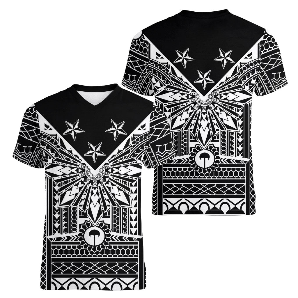 Black Philippines Sun Star Women V-Neck T-Shirt Igorot Tribal Inspiration