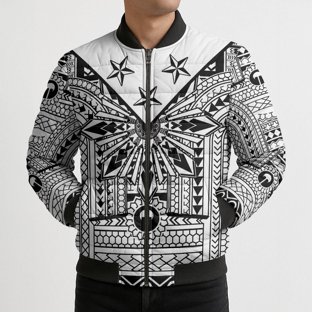 White Philippines Sun Star Bomber Puffer Jacket Igorot Tribal Inspiration