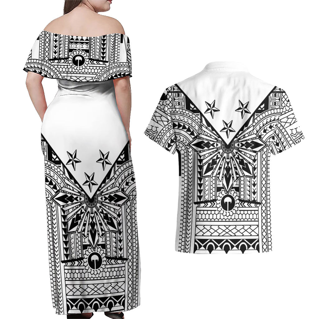 White Philippines Sun Star Couples Matching Off Shoulder Maxi Dress and Hawaiian Shirt Igorot Tribal Inspiration