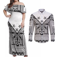 White Philippines Sun Star Couples Matching Off Shoulder Maxi Dress and Long Sleeve Button Shirt Igorot Tribal Inspiration