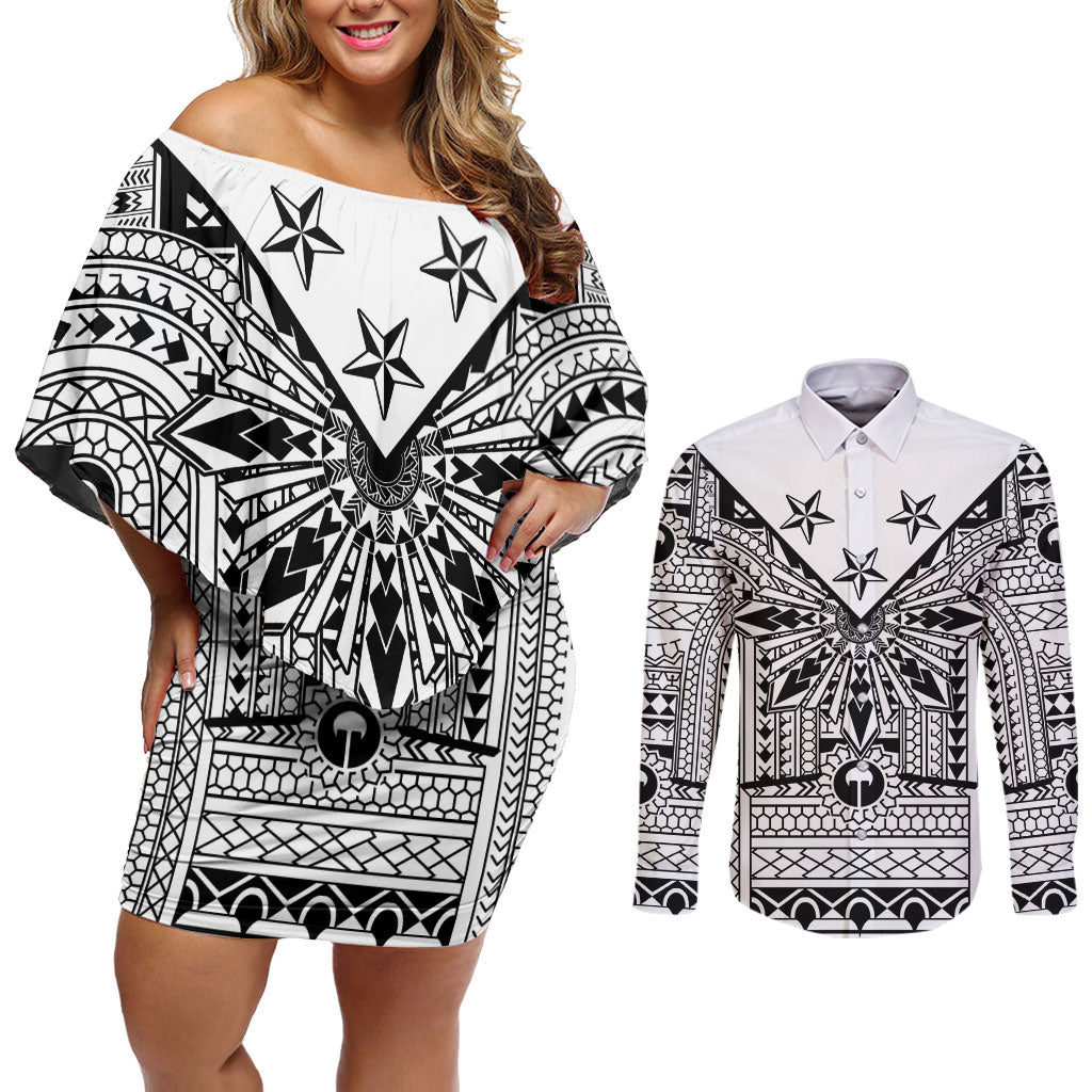 White Philippines Sun Star Couples Matching Off Shoulder Short Dress and Long Sleeve Button Shirt Igorot Tribal Inspiration