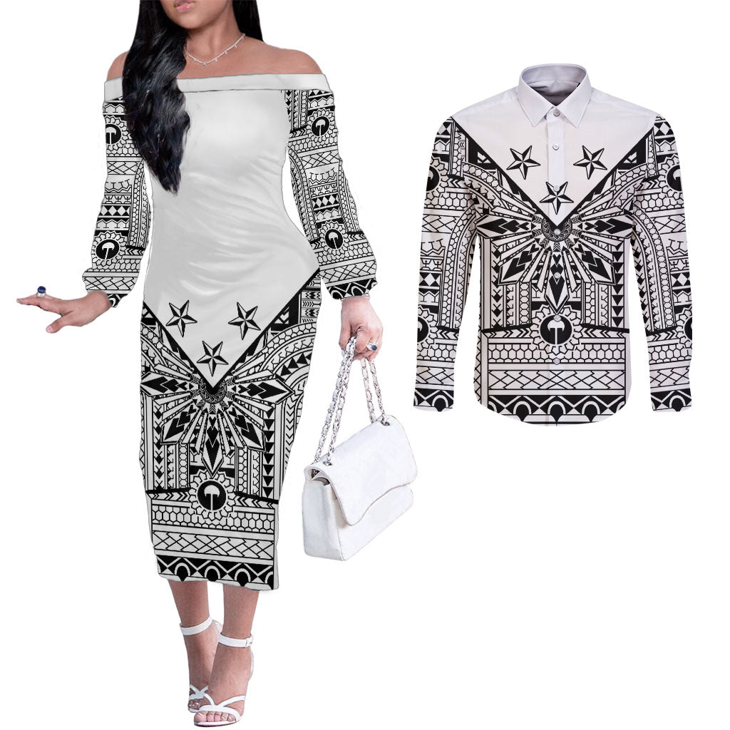 White Philippines Sun Star Couples Matching Off The Shoulder Long Sleeve Dress and Long Sleeve Button Shirt Igorot Tribal Inspiration