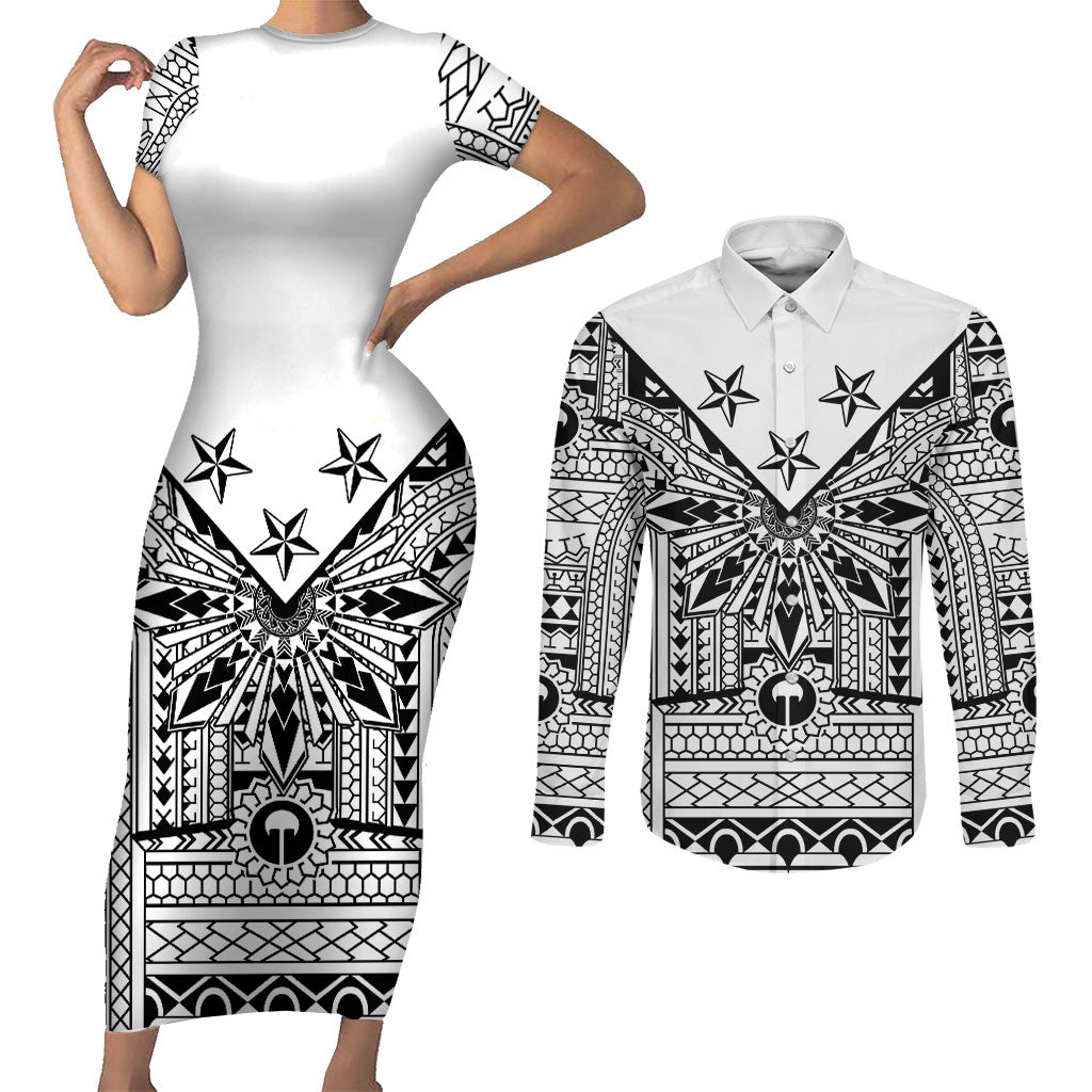 White Philippines Sun Star Couples Matching Short Sleeve Bodycon Dress and Long Sleeve Button Shirt Igorot Tribal Inspiration LT05 White - Polynesian Pride