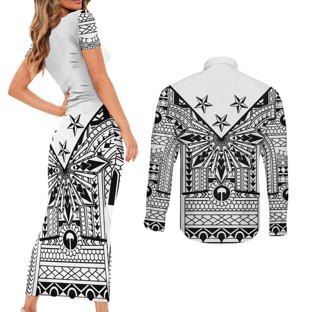 White Philippines Sun Star Couples Matching Short Sleeve Bodycon Dress and Long Sleeve Button Shirt Igorot Tribal Inspiration LT05 - Polynesian Pride