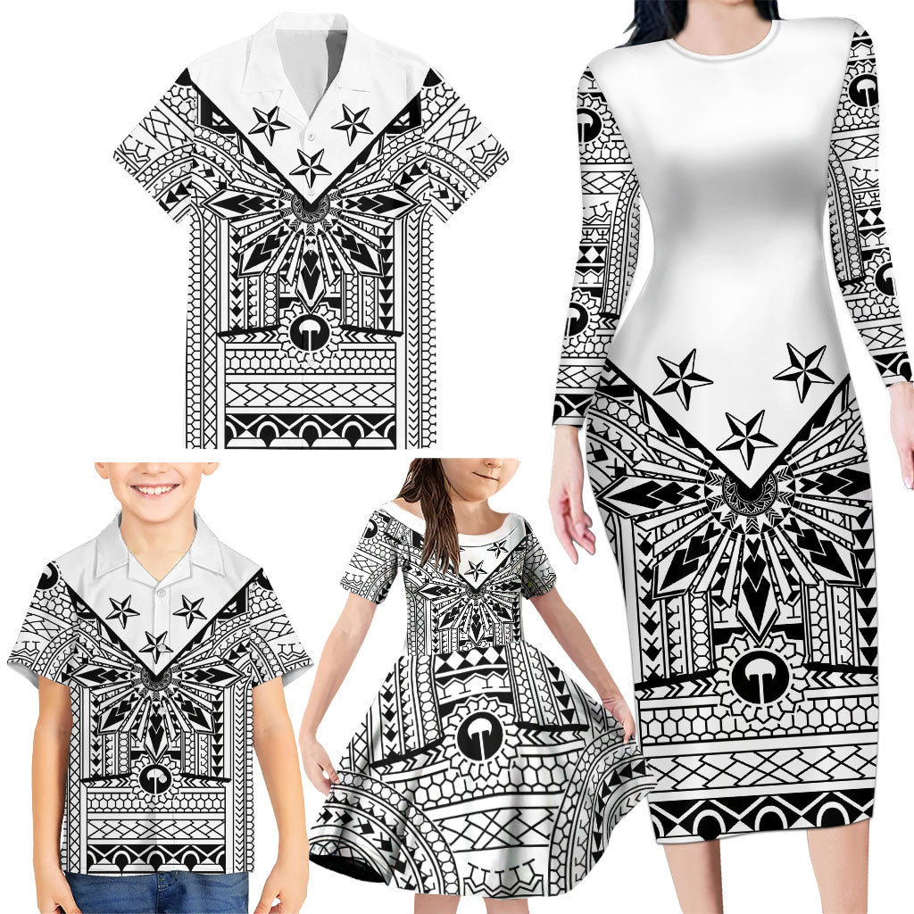 White Philippines Sun Star Family Matching Long Sleeve Bodycon Dress and Hawaiian Shirt Igorot Tribal Inspiration LT05 - Polynesian Pride