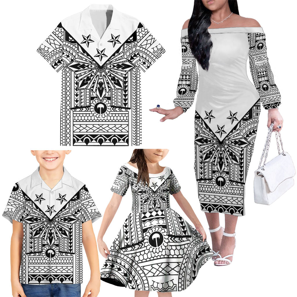 White Philippines Sun Star Family Matching Off The Shoulder Long Sleeve Dress and Hawaiian Shirt Igorot Tribal Inspiration LT05 - Polynesian Pride