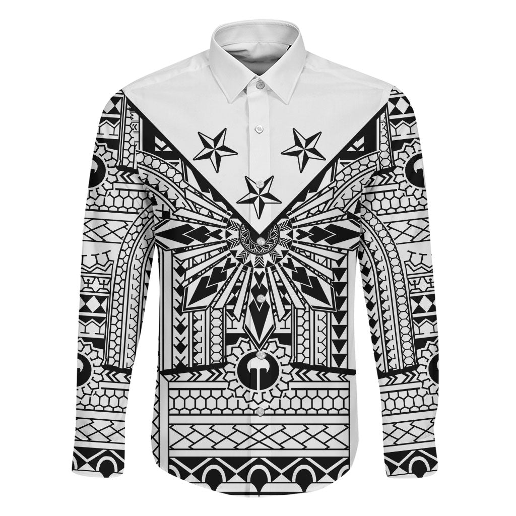 White Philippines Sun Star Family Matching Off Shoulder Short Dress and Hawaiian Shirt Igorot Tribal Inspiration LT05 Dad's Shirt - Long Sleeve White - Polynesian Pride