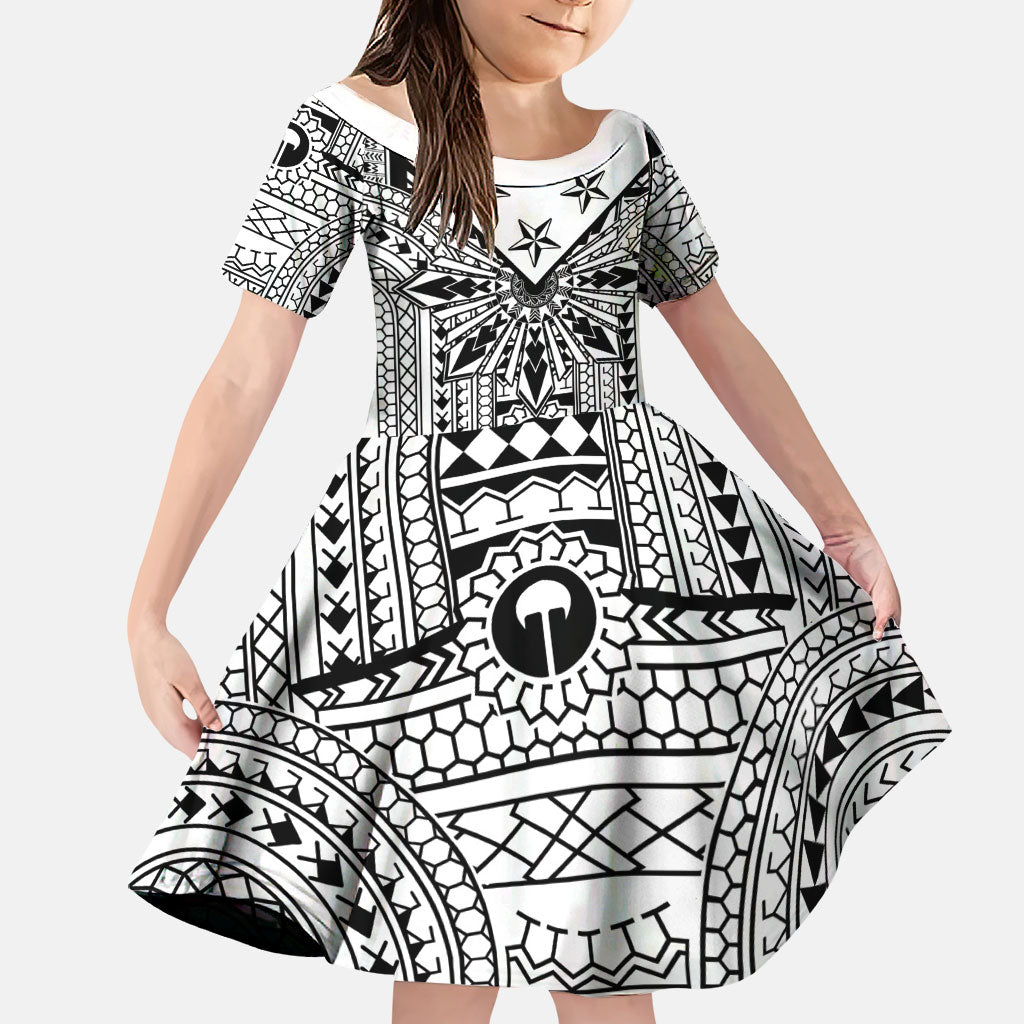 White Philippines Sun Star Family Matching Short Sleeve Bodycon Dress and Hawaiian Shirt Igorot Tribal Inspiration LT05 Daughter's Dress White - Polynesian Pride