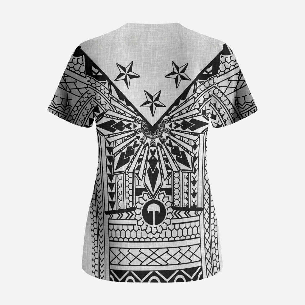 White Philippines Sun Star Scrub Top Igorot Tribal Inspiration