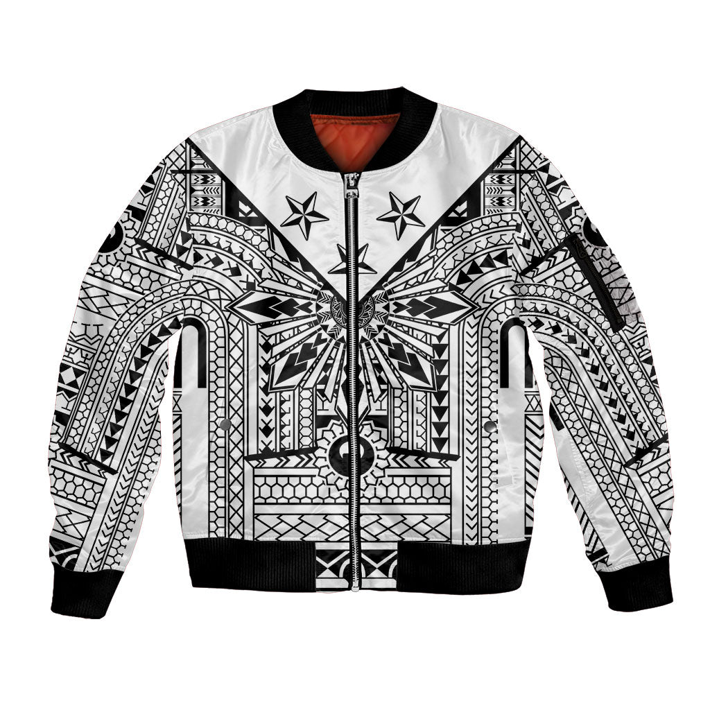 White Philippines Sun Star Sleeve Zip Bomber Jacket Igorot Tribal Inspiration