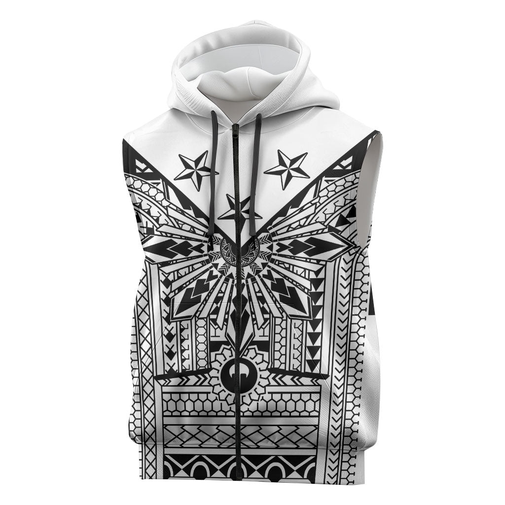 White Philippines Sun Star Sleeveless Zip Hoodie Igorot Tribal Inspiration