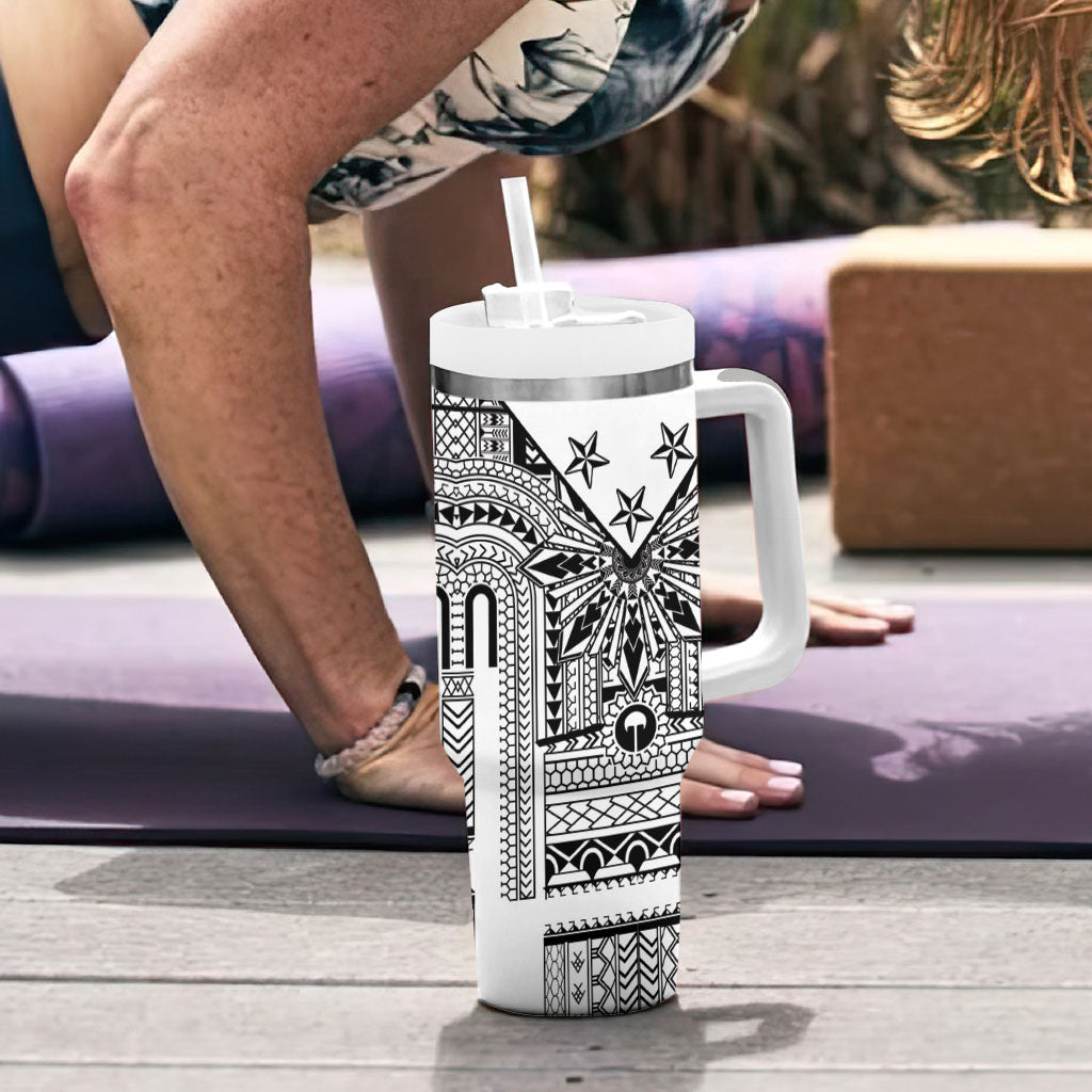 White Philippines Sun Star Tumbler With Handle Igorot Tribal Inspiration