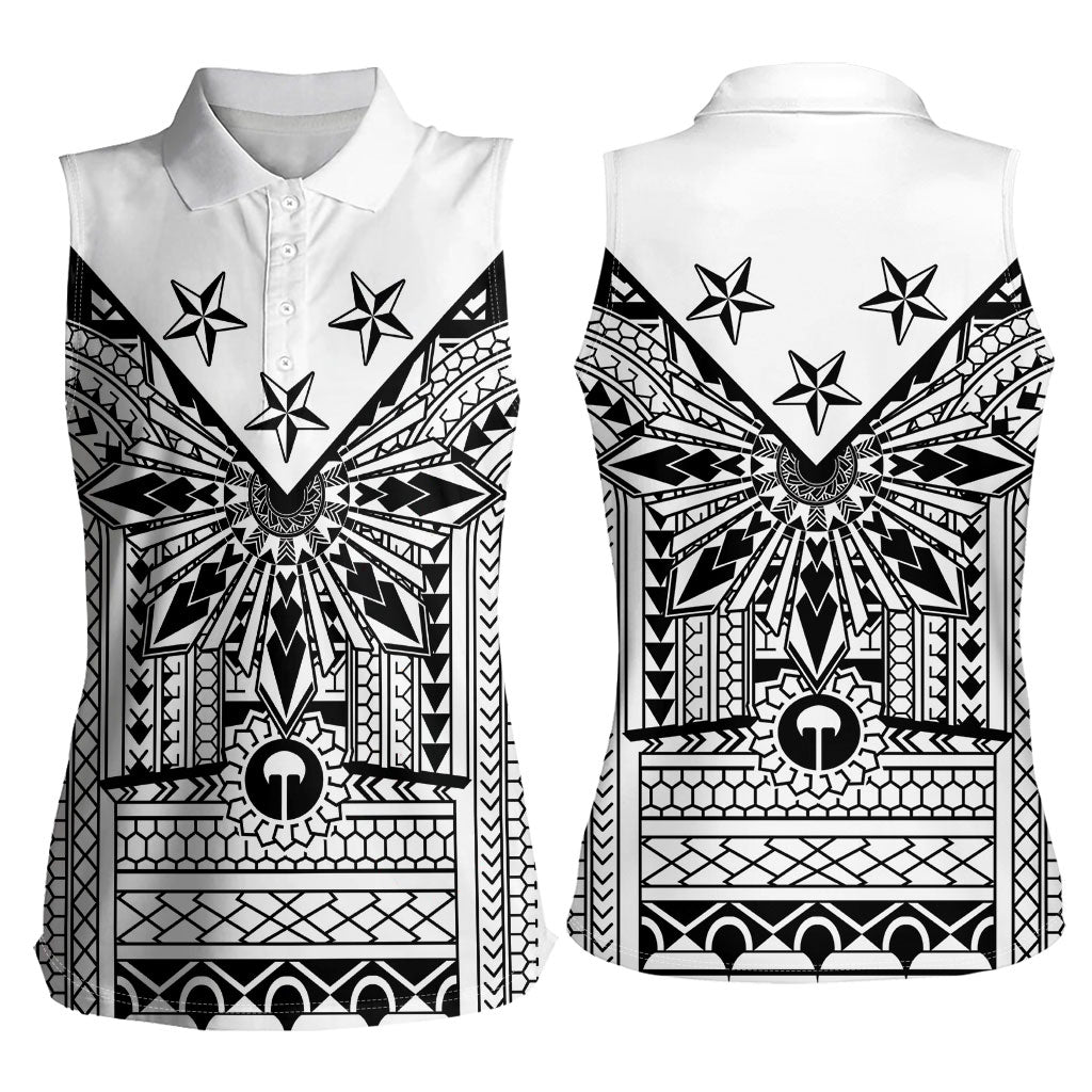 White Philippines Sun Star Women Sleeveless Polo Shirt Igorot Tribal Inspiration