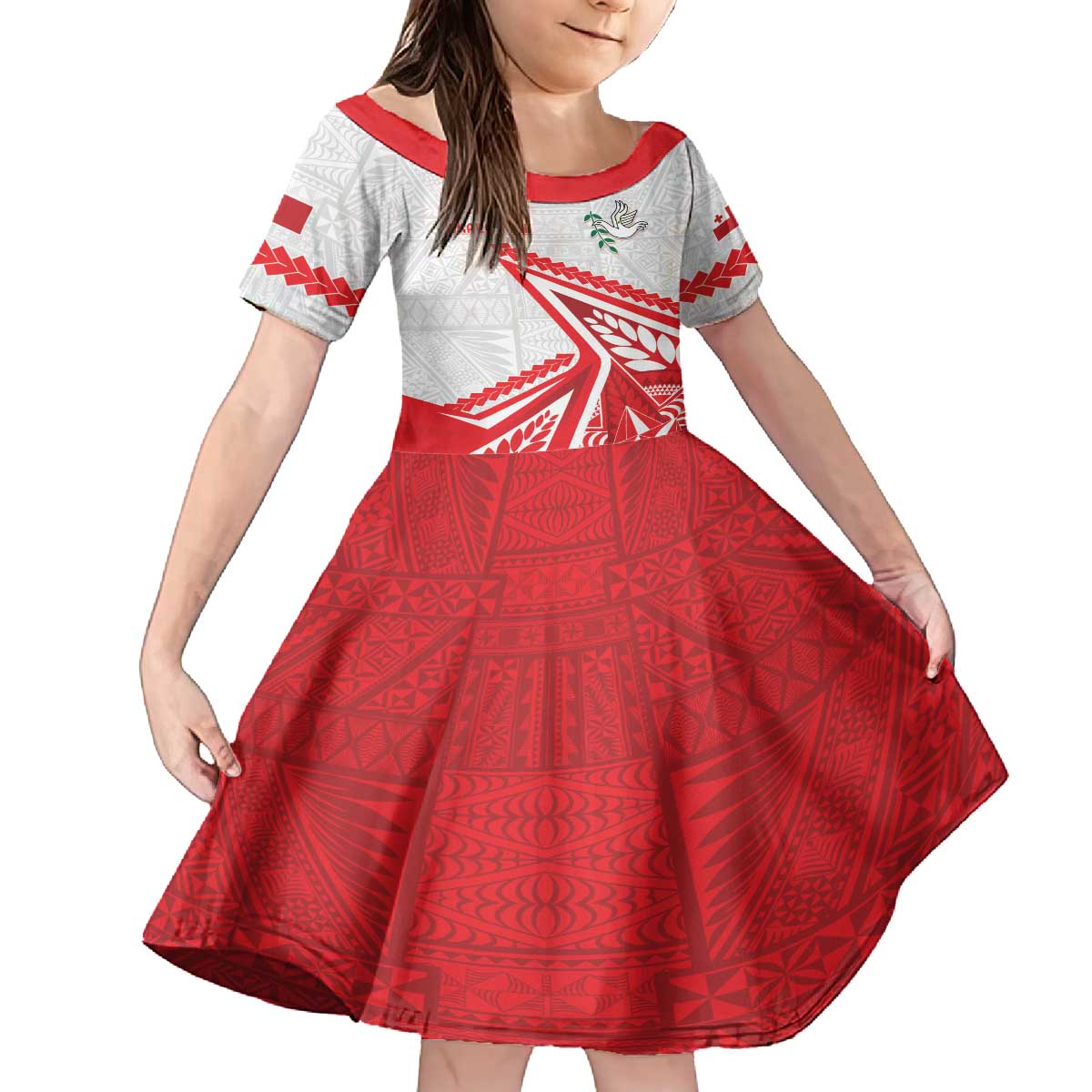 Custom Tonga Rugby 2024 Pacific Family Matching Off The Shoulder Long Sleeve Dress and Hawaiian Shirt Go Ikale Tahi LT05 Daughter's Dress White - Polynesian Pride