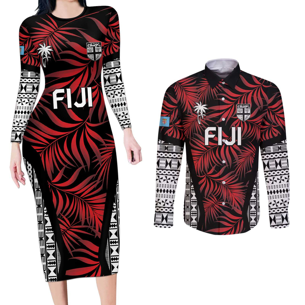 Custom Flying Fijians Rugby 2024 Pacific Couples Matching Long Sleeve Bodycon Dress and Long Sleeve Button Shirt Go Fiji LT05 Black - Polynesian Pride