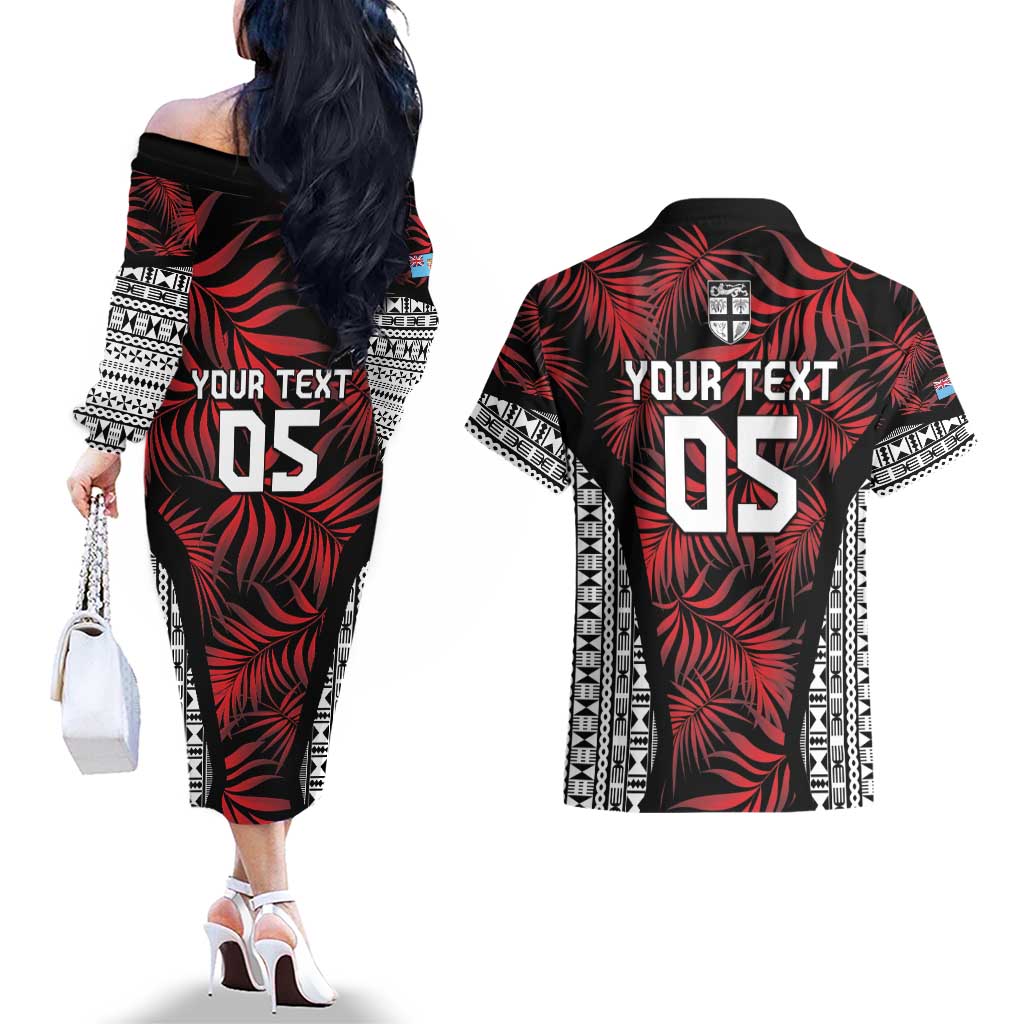 Custom Flying Fijians Rugby 2024 Pacific Couples Matching Off The Shoulder Long Sleeve Dress and Hawaiian Shirt Go Fiji LT05 - Polynesian Pride