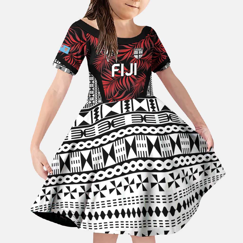 Custom Flying Fijians Rugby 2024 Pacific Family Matching Long Sleeve Bodycon Dress and Hawaiian Shirt Go Fiji LT05 Daughter's Dress Black - Polynesian Pride