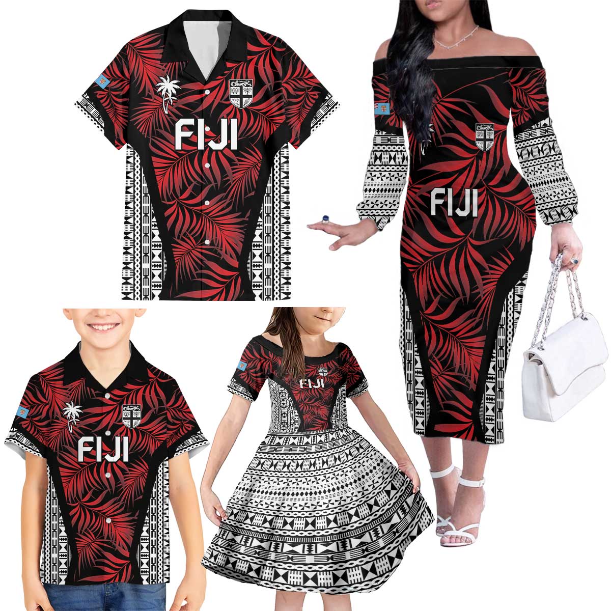 Custom Flying Fijians Rugby 2024 Pacific Family Matching Off The Shoulder Long Sleeve Dress and Hawaiian Shirt Go Fiji LT05 - Polynesian Pride