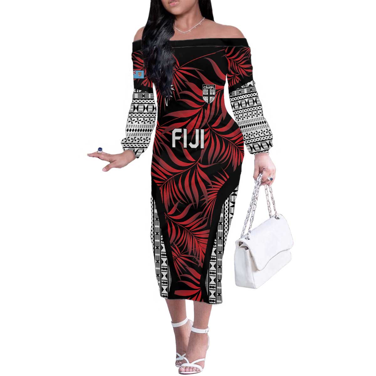 Custom Flying Fijians Rugby 2024 Pacific Family Matching Off The Shoulder Long Sleeve Dress and Hawaiian Shirt Go Fiji LT05 Mom's Dress Black - Polynesian Pride