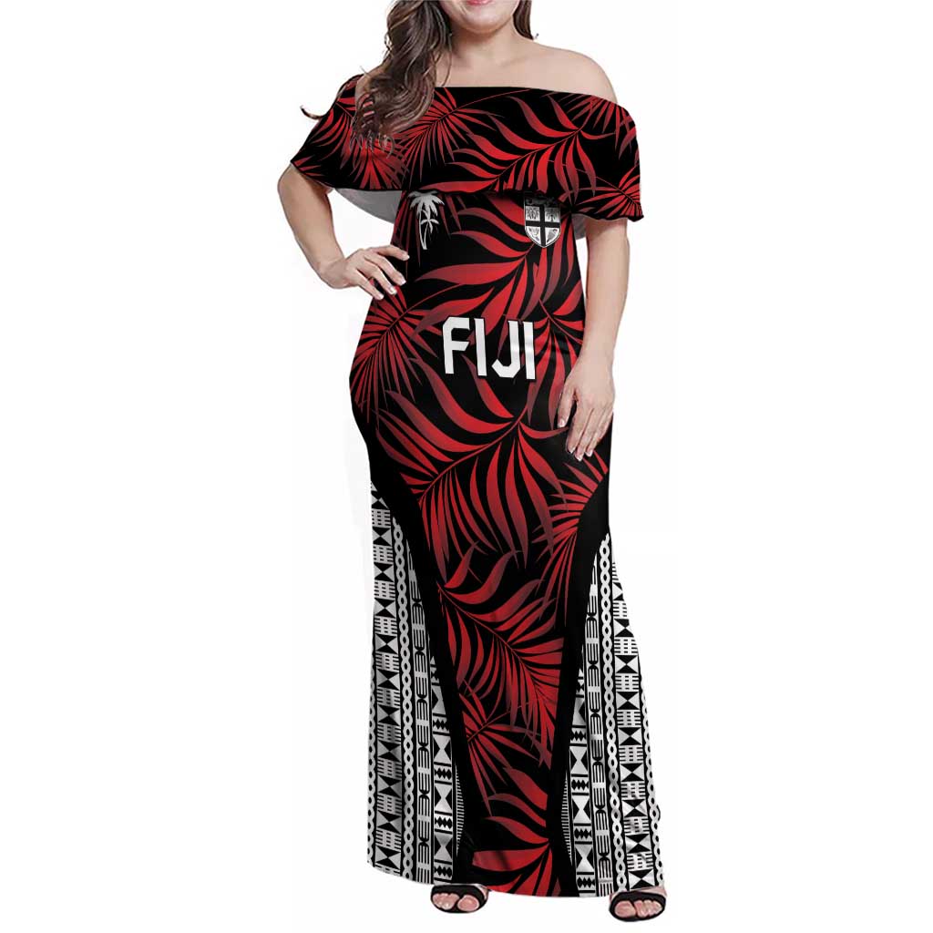 Custom Flying Fijians Rugby 2024 Pacific Family Matching Off Shoulder Maxi Dress and Hawaiian Shirt Go Fiji LT05 Mom's Dress Black - Polynesian Pride