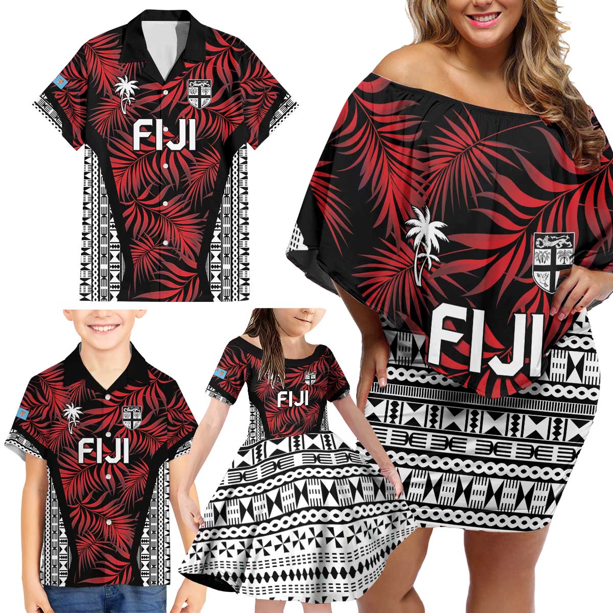 Custom Flying Fijians Rugby 2024 Pacific Family Matching Off Shoulder Short Dress and Hawaiian Shirt Go Fiji LT05 - Polynesian Pride