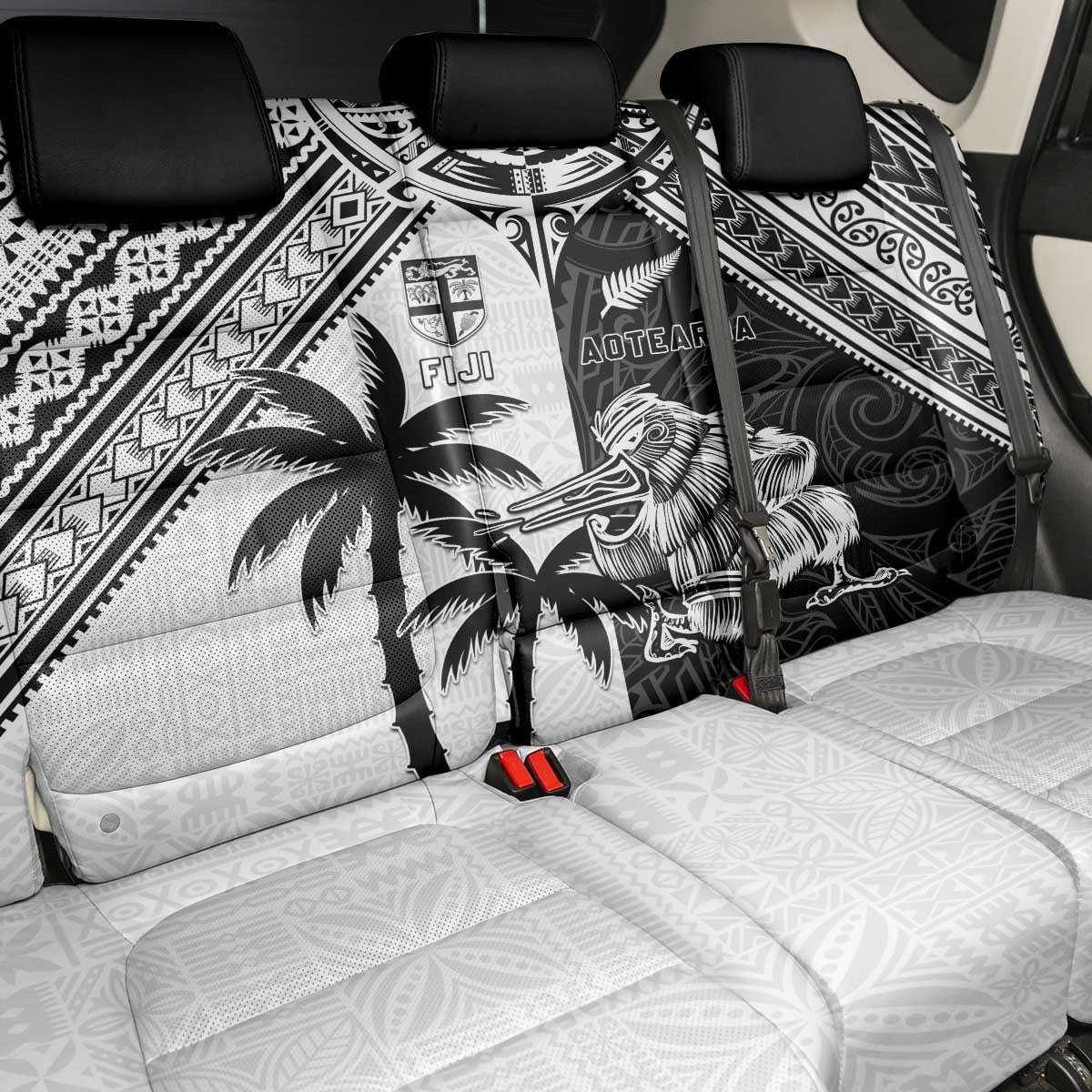 New Zealand And Fiji Rugby 2024 Back Car Seat Cover Maori Kiwi With Fijian Palm Tree LT05 - Polynesian Pride