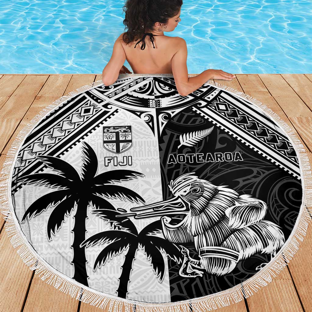 New Zealand And Fiji Rugby 2024 Beach Blanket Maori Kiwi With Fijian Palm Tree