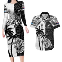 Custom New Zealand And Fiji Rugby 2024 Couples Matching Long Sleeve Bodycon Dress and Hawaiian Shirt Maori Kiwi With Fijian Palm Tree LT05 Black - Polynesian Pride