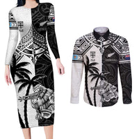 Custom New Zealand And Fiji Rugby 2024 Couples Matching Long Sleeve Bodycon Dress and Long Sleeve Button Shirt Maori Kiwi With Fijian Palm Tree LT05 Black - Polynesian Pride