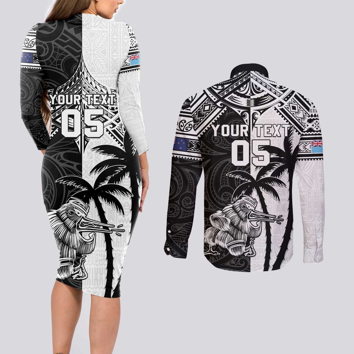 Custom New Zealand And Fiji Rugby 2024 Couples Matching Long Sleeve Bodycon Dress and Long Sleeve Button Shirt Maori Kiwi With Fijian Palm Tree LT05 - Polynesian Pride