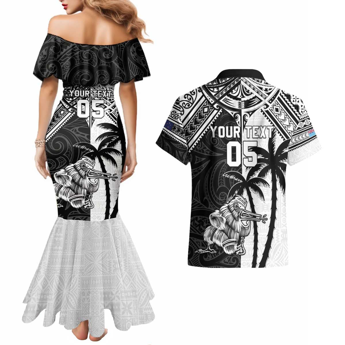 Custom New Zealand And Fiji Rugby 2024 Couples Matching Mermaid Dress and Hawaiian Shirt Maori Kiwi With Fijian Palm Tree LT05 - Polynesian Pride