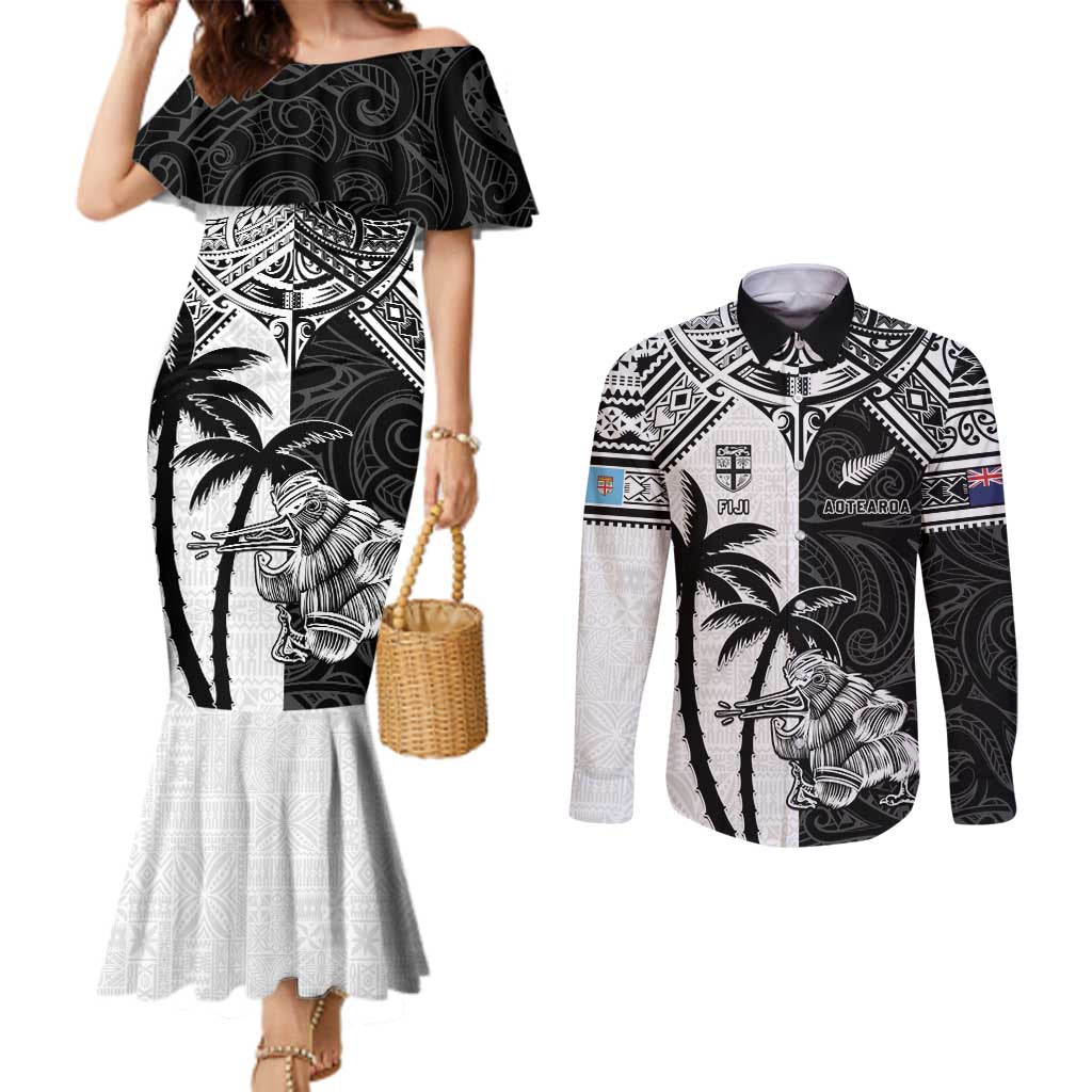 Custom New Zealand And Fiji Rugby 2024 Couples Matching Mermaid Dress and Long Sleeve Button Shirt Maori Kiwi With Fijian Palm Tree LT05 Black - Polynesian Pride