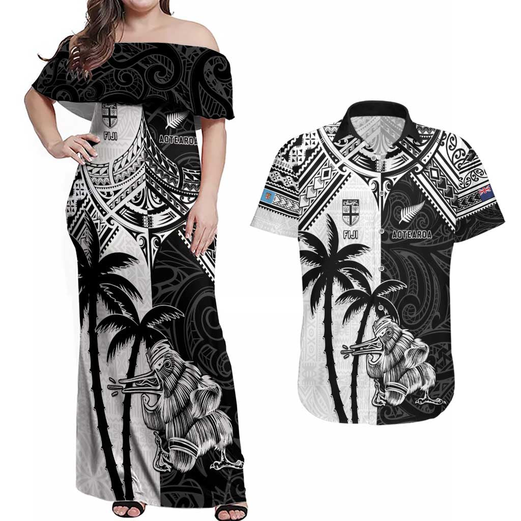 Custom New Zealand And Fiji Rugby 2024 Couples Matching Off Shoulder Maxi Dress and Hawaiian Shirt Maori Kiwi With Fijian Palm Tree LT05 Black - Polynesian Pride