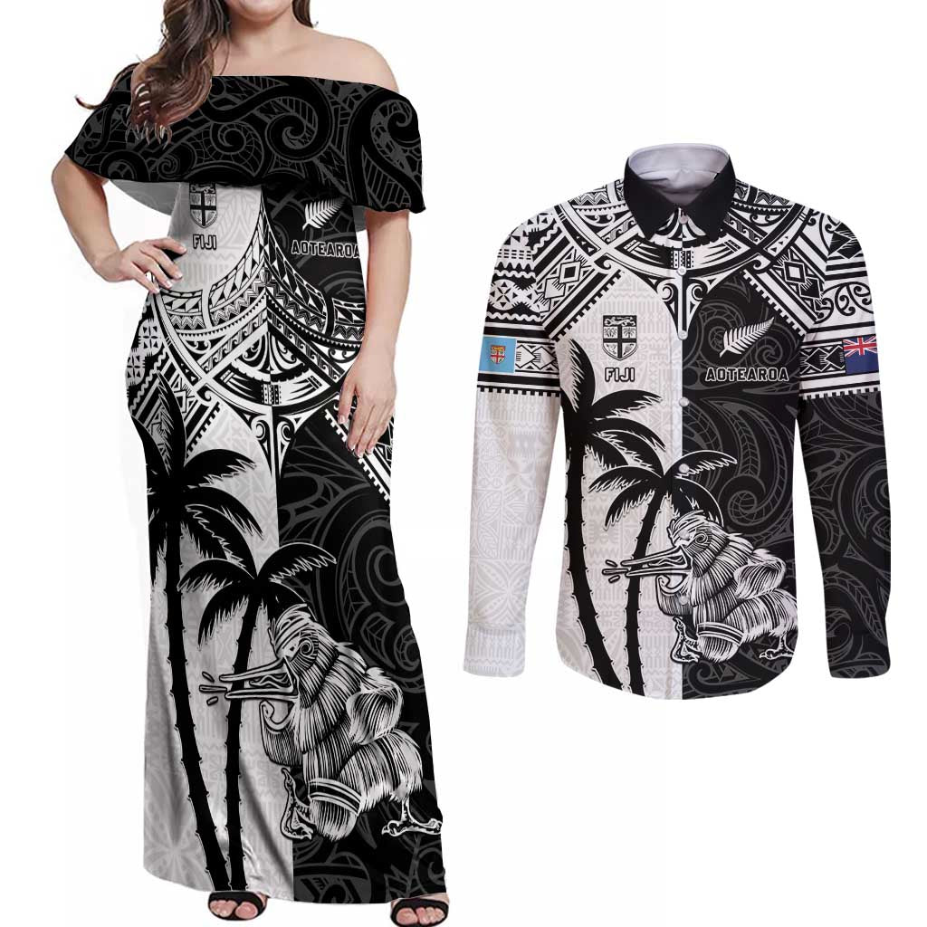 Custom New Zealand And Fiji Rugby 2024 Couples Matching Off Shoulder Maxi Dress and Long Sleeve Button Shirt Maori Kiwi With Fijian Palm Tree LT05 Black - Polynesian Pride