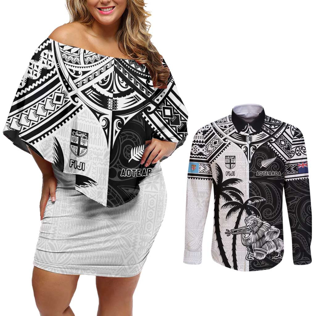 Custom New Zealand And Fiji Rugby 2024 Couples Matching Off Shoulder Short Dress and Long Sleeve Button Shirt Maori Kiwi With Fijian Palm Tree LT05 Black - Polynesian Pride