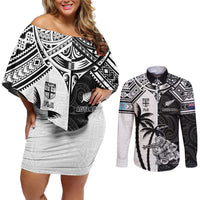 Custom New Zealand And Fiji Rugby 2024 Couples Matching Off Shoulder Short Dress and Long Sleeve Button Shirt Maori Kiwi With Fijian Palm Tree LT05 Black - Polynesian Pride
