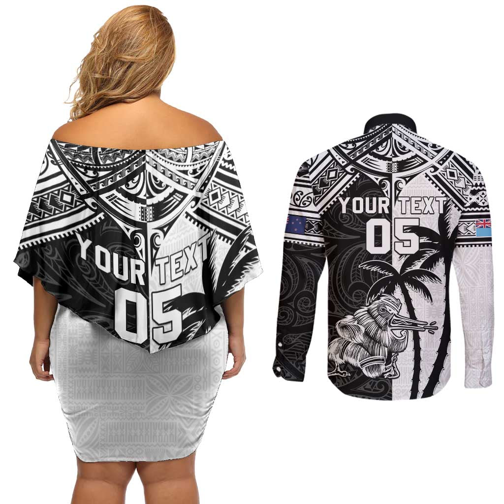 Custom New Zealand And Fiji Rugby 2024 Couples Matching Off Shoulder Short Dress and Long Sleeve Button Shirt Maori Kiwi With Fijian Palm Tree LT05 - Polynesian Pride