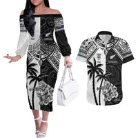 Custom New Zealand And Fiji Rugby 2024 Couples Matching Off The Shoulder Long Sleeve Dress and Hawaiian Shirt Maori Kiwi With Fijian Palm Tree LT05 Black - Polynesian Pride
