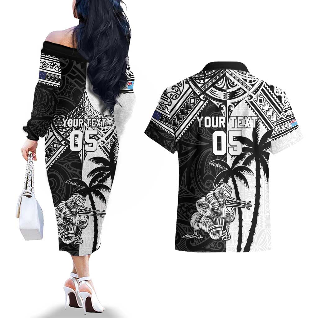 Custom New Zealand And Fiji Rugby 2024 Couples Matching Off The Shoulder Long Sleeve Dress and Hawaiian Shirt Maori Kiwi With Fijian Palm Tree LT05 - Polynesian Pride